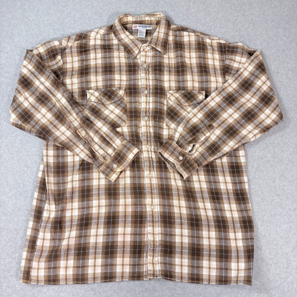 Anchor Blue Men XL Brown Plaid Flannel Shirt Long Sleeve Cotton Button Down